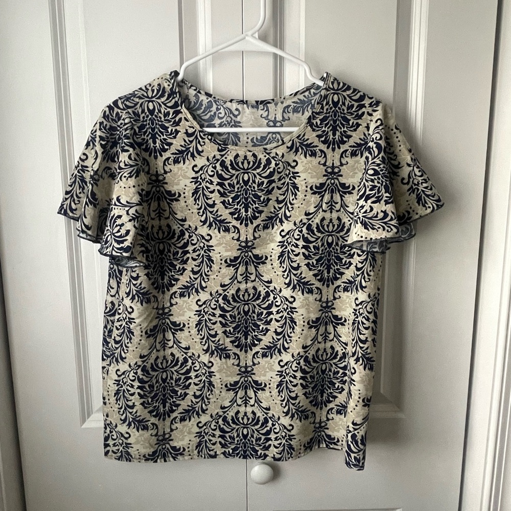 SHEIN Navy and Cream Floral Blouse